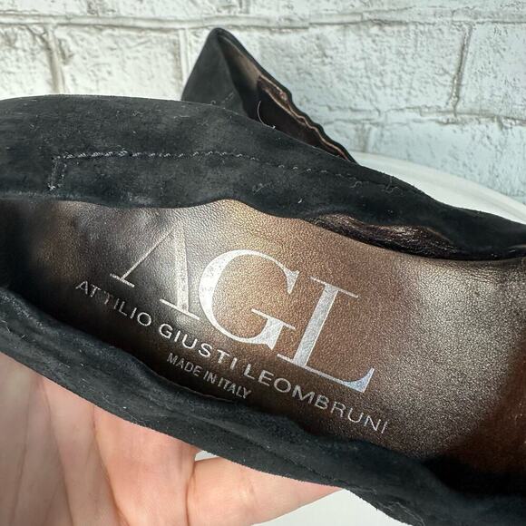 AGL Black Heels Attilio Giusti Leombruni Suede Leather Wedge Kitten Buckle 37 7 - Picture 10 of 14